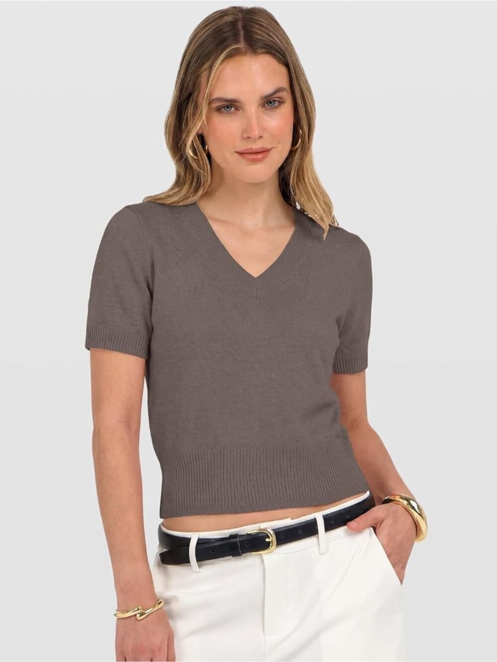〽️Women's Light Coffee Short Sleeve V Neck Business Lightweight Cropped Sweaters